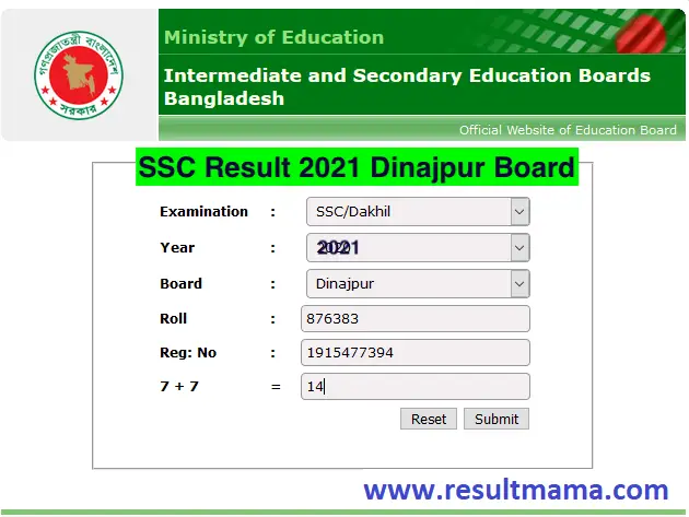 SSC Result 2021 Dinajpur Board